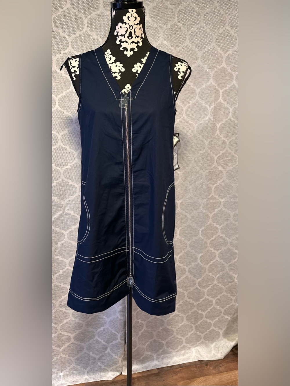 Macy's Navy Sleeveless Zip-Front UtilityShift Dress with White Topstitch size MP
